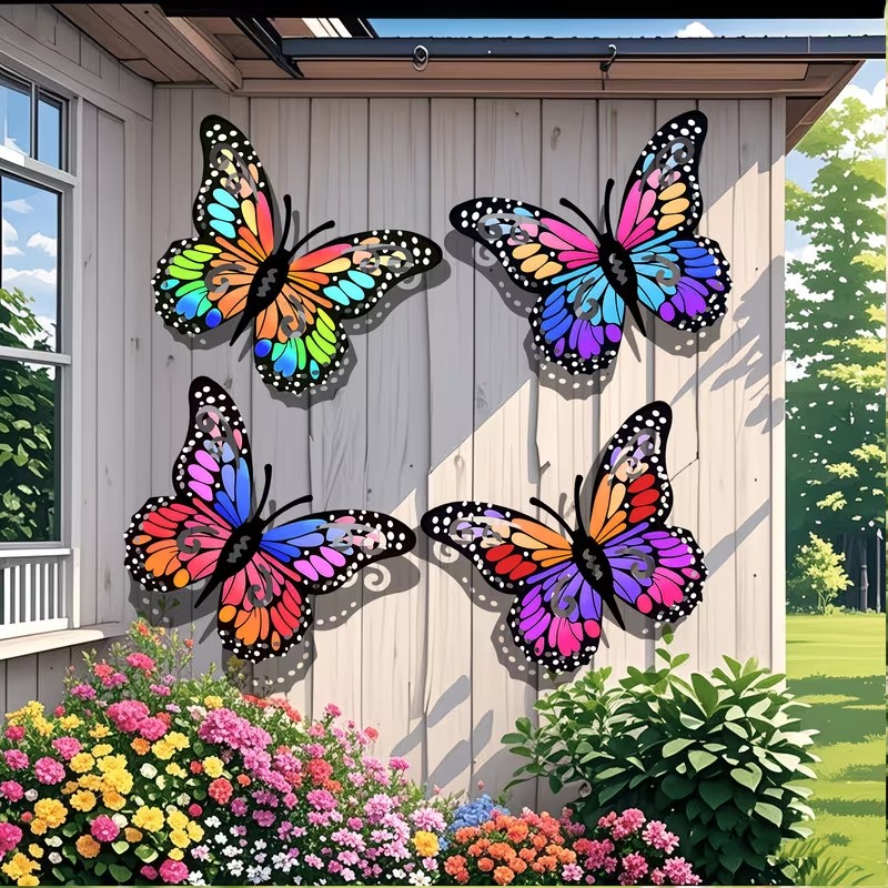 4개의 다채로운 금속 나비 조각상 벽 장식, 정원, 안 - Smart Garden In Home 리뷰 및 가격
